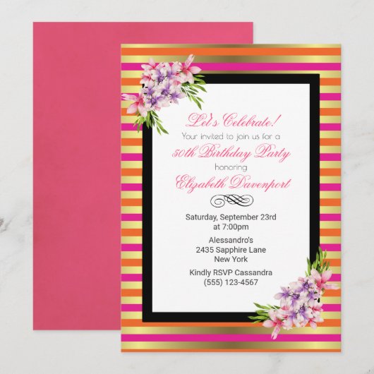 Invitation Magnolia sur Pink & Faux Gold Stripes Anniversaire (Devant / Derrière)