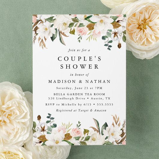 Invitation Magnolias aquarelles | Douche Floral Couple's