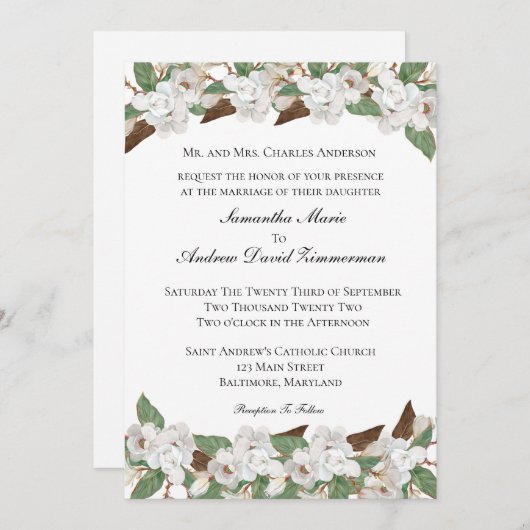 Invitation Magnolias Blanc Classique Formel Mariage Élégant (Devant / Derrière)