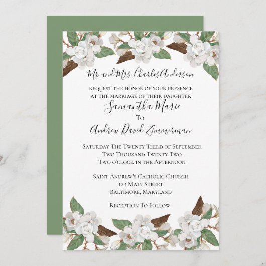 Invitation Magnolias Blanc Classique Formel Mariage Élégant (Devant / Derrière)