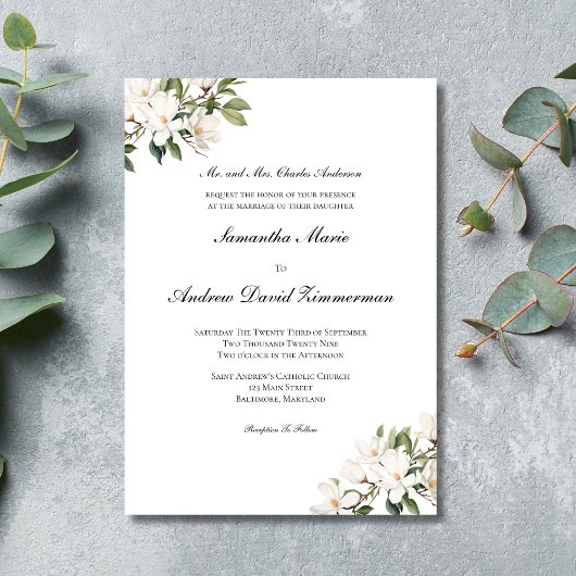 Invitation Magnolias Blanc Classique Formel Mariage Élégant