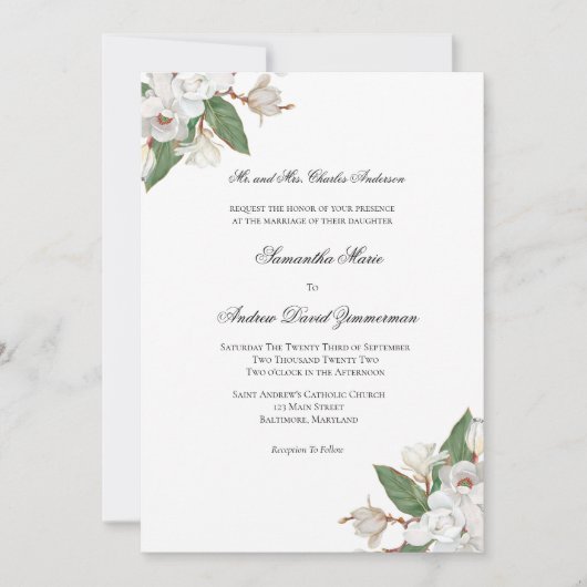 Invitation Magnolias Blanc Classique Formel Mariage Élégant (Devant)