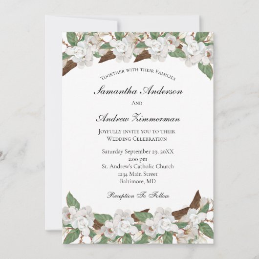 Invitation Magnolias Blanc Floral Formel Mariage élégant (Devant)