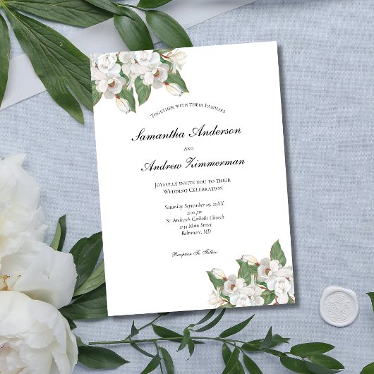 Invitation Magnolias Blanc Floral Formel Mariage élégant