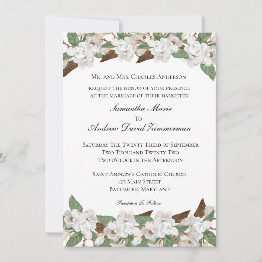 Invitation Magnolias Blancs Mariage Classique Formel Élégant (Devant)