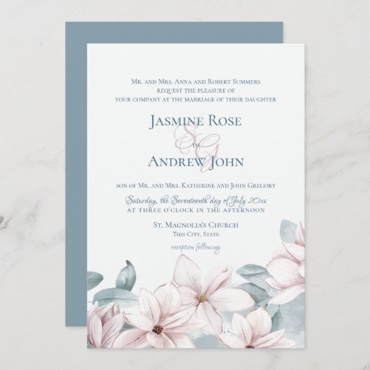 Invitation Magnolias Bleu Dusty Élégant Mariage Printemps (Devant / Derrière)