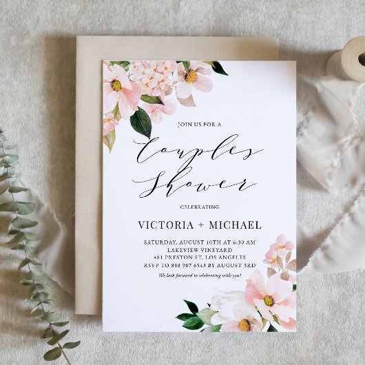 Invitation Magnolias et Hydrangeas rose pâle Douche Couples