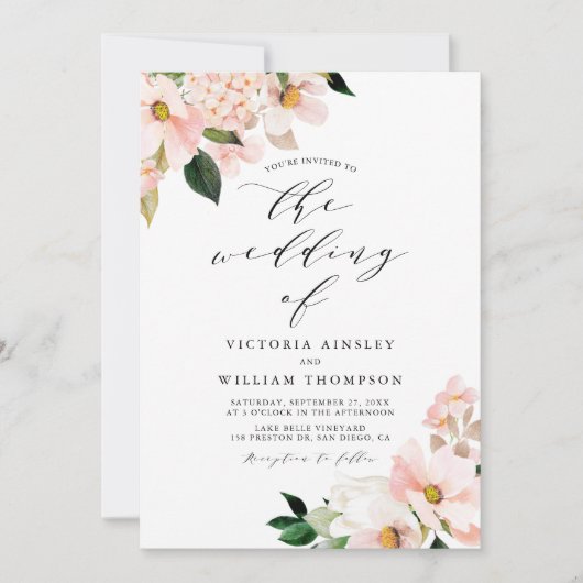 Invitation Magnolias rose pâle et Mariage d'hydrangées (Devant)