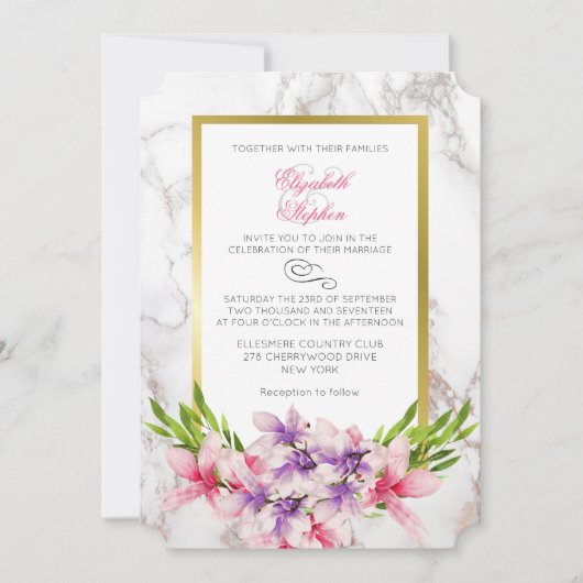 Invitation Magnolias roses et violettes sur un Mariage en mar (Devant)