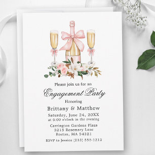 Invitation Magnolias Roses Ruban Rose Aquarelle Engagement