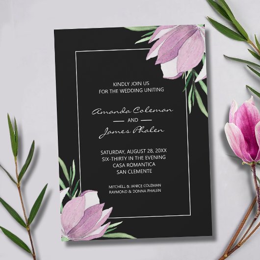 Invitation Magnolias violet Aquarelle Mariage floral