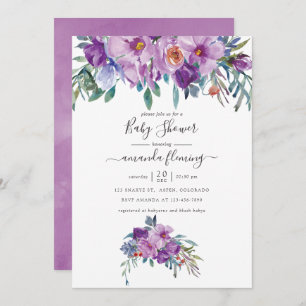 Invitation Magnolias violet et Baby shower Rose d'aquarelle