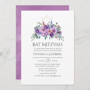 Invitation Magnolias violet et Bat mitzvah Rose