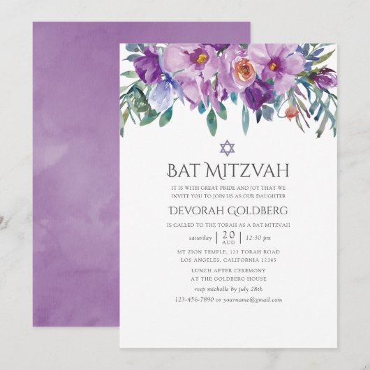 Invitation Magnolias violet et Bat mitzvah Rose (Devant / Derrière)