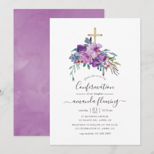Invitation Magnolias violets et Roses Aquarelle Confirmation