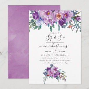 Invitation Magnolias violettes et roses Aquarelle Sip and See