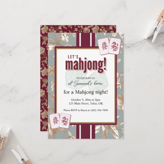 Invitation Mahjong Party Invitation, burgundy toile, tiles (Devant/Arrière en situation)