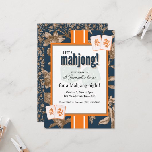 Invitation Mahjong Party Invitation, navy gold toile, tiles (Devant/Arrière en situation)