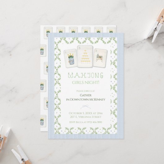 Invitation Mahjong Party Invitation, Preppy Champagne (Devant/Arrière en situation)