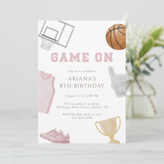 Invitation Maillot de basketball d'anniversaire rose Game On (Debout devant)