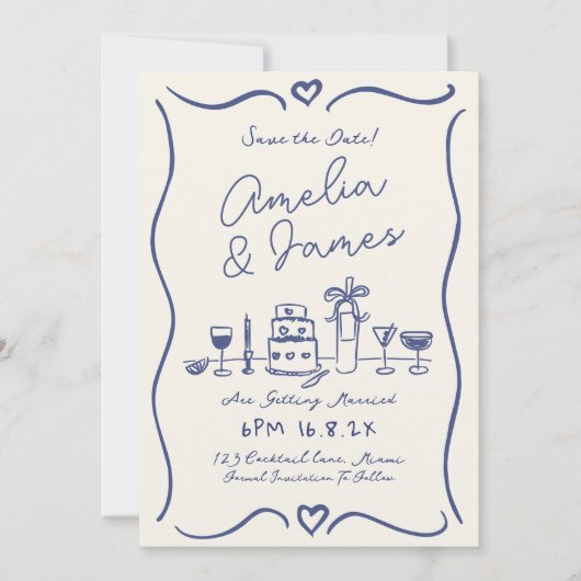 Invitation Main amusante tirée Quirky blue Enregistrer la dat (Devant)