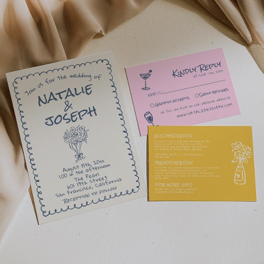 Invitation Main bleue de la marine rétro dessinée Mariage ori