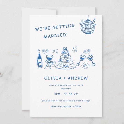 Invitation Main Bleue Tirée Whimsical Quirky Funky Mariage (Devant)