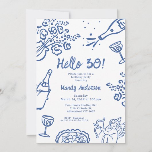 Invitation Main bleue Whimsical tiré 30e fête d'anniversaire (Devant)