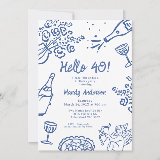 Invitation Main bleue Whimsical tirée 40e fête d'anniversaire (Devant)