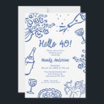 Invitation Main bleue Whimsical tirée 40e fête d'anniversaire<br><div class="desc">Whimsical Blue Hand Drawn 40th Birthday Party Invitation de fête d'anniversaire Gras et bleu dessinée main avec quelques fleurs,  bouteille de champagne,  verres nourriture et cherub. Tout le texte est modifiable,  ce qui en fait un modèle de parti très polyvalent qui peut être utilisé pour n'importe quel âge.</div>