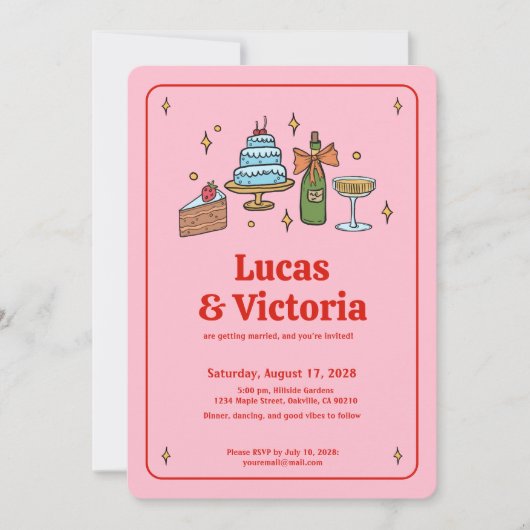 Invitation Main dessinée Bold Mariage blanc rouge et rose (Devant)