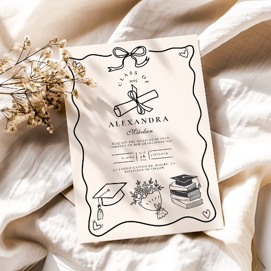 Invitation Main dessinée Illustrée noir & blanc Grad