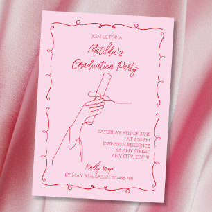 Invitation Main dessinée Illustrée Pink & Red Graduation Part