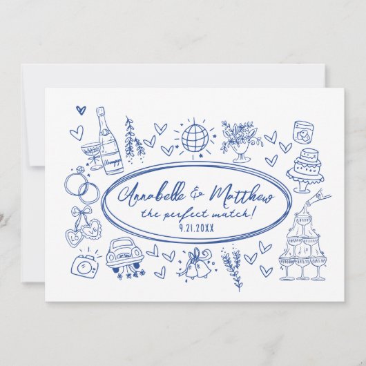 Invitation Main dessinée manuscrite bleu Mariage Whimsical (Devant)