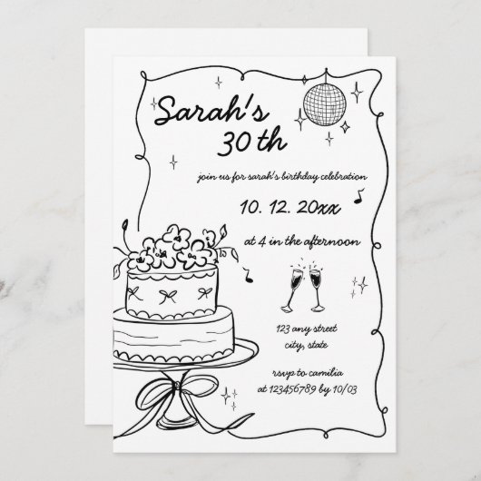 Invitation Main dessinée manuscrite Scribble Anniversaire (Devant / Derrière)
