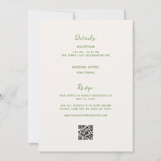 Invitation Main dessinée vert tout en un Mariage (Dos)