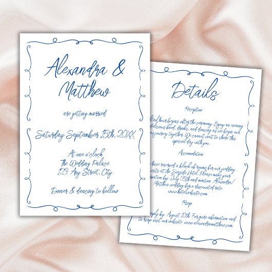 Invitation Main dessinée Whimsical Bleu coloré Funky Mariage
