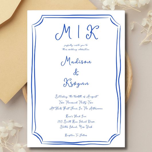 Invitation Main dessinée Whimsical Blue Mariage français