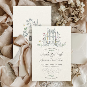 Invitation Main dessinée Whimsical Floral Manor House Mariage