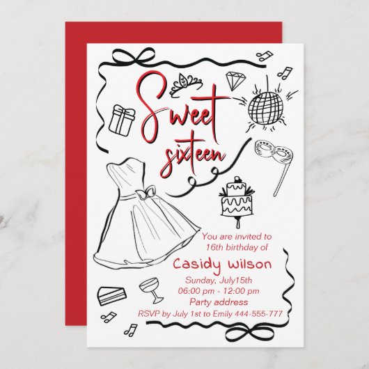 Invitation Main dessinée whimsy joueuse princesse douce 16 (Devant / Derrière)