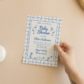 Invitation Main d'oie dessinée bleu En vichy bébé garçon douc