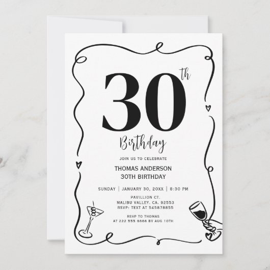 Invitation Main Drawn Birthday Party 30th, 40th, 50th, (Devant)