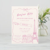 Invitation Main Drawn Bonjour Bebe Baby shower rose français (Debout devant)