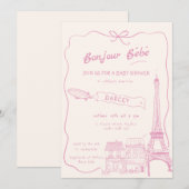 Invitation Main Drawn Bonjour Bebe Baby shower rose français (Devant / Derrière)