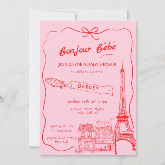 Invitation Main Drawn Bonjour Bebe Baby shower rose français (Devant)