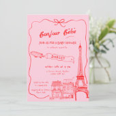 Invitation Main Drawn Bonjour Bebe Baby shower rose français (Debout devant)