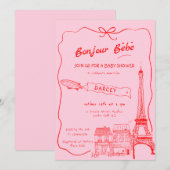 Invitation Main Drawn Bonjour Bebe Baby shower rose français (Devant / Derrière)