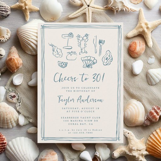 Invitation Main Drawn Funky Nautical Beach 30e anniversaire