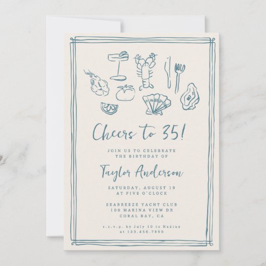 Invitation Main Drawn Funky Nautical Beach 35e anniversaire (Devant)