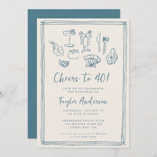 Invitation Main Drawn Funky Nautical Beach 40e anniversaire (Devant / Derrière)